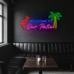 neon sign welcome to our patio flamingo & palm tree bar decor 1