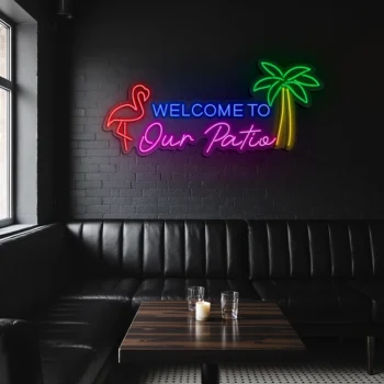 neon sign welcome to our patio flamingo & palm tree bar decor 1