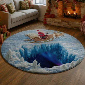 Blue Beige 3d Illusion Christmas Rug With Santa And Reindeer 1