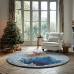 Blue Beige 3d Illusion Christmas Rug With Santa And Reindeer 1