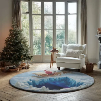 Blue Beige 3d Illusion Christmas Rug With Santa And Reindeer 2