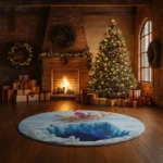 Blue Beige 3d Illusion Christmas Rug With Santa And Reindeer 1