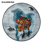 Blue Gray 3d Penguin Illusion Rug With Gift Motif Unique Decor 1