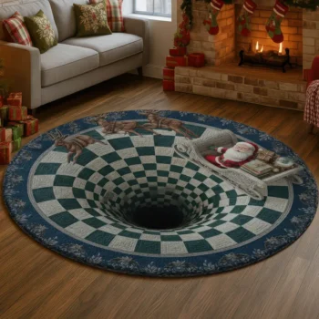 Blue Green 3d Illusion Rug With Santa Sleigh Design Unique Decor 1