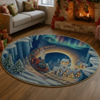 Blue Red 3d Illusion Train Rug Enchanting Winter Wonderland Decor 1