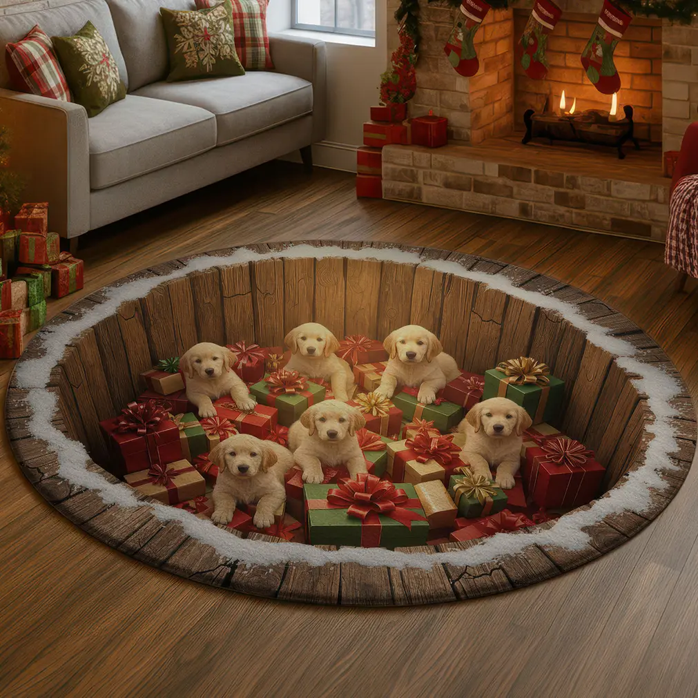 Brown Red 3d Illusion Rug With Puppies And Gifts Design 1 Brown Red 3d Illusion Rug With Puppies And Gifts Design 1