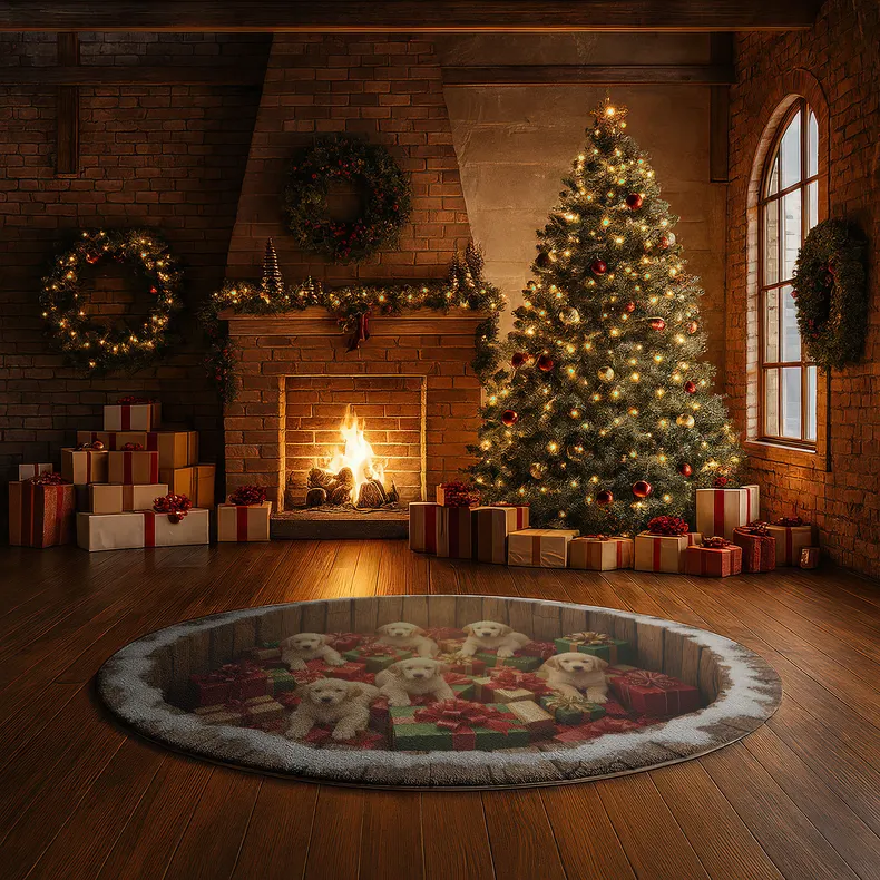 Brown Red 3d Illusion Rug With Puppies And Gifts Design 3 Brown Red 3d Illusion Rug With Puppies And Gifts Design 3