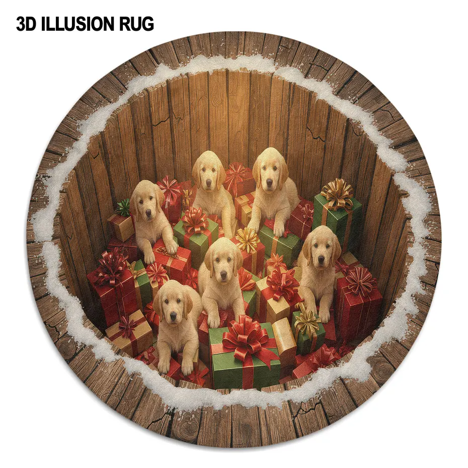 Brown Red 3d Illusion Rug With Puppies And Gifts Design 4 Brown Red 3d Illusion Rug With Puppies And Gifts Design 4