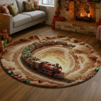 Brown Red 3d Train Illusion Rug Perfect For Christmas Decor 1