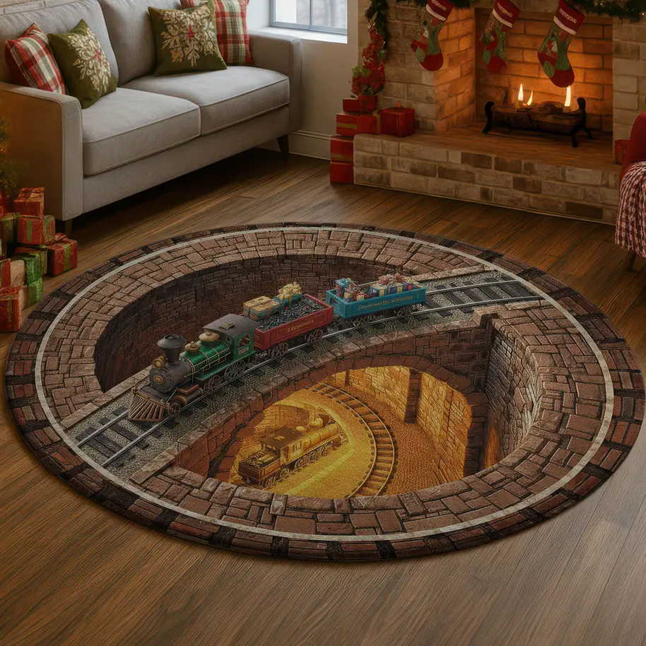 Brown Yellow Illusion Train Rug 3d Optical Decor For Home Spaces 1 Brown Yellow Illusion Train Rug 3d Optical Decor For Home Spaces 1