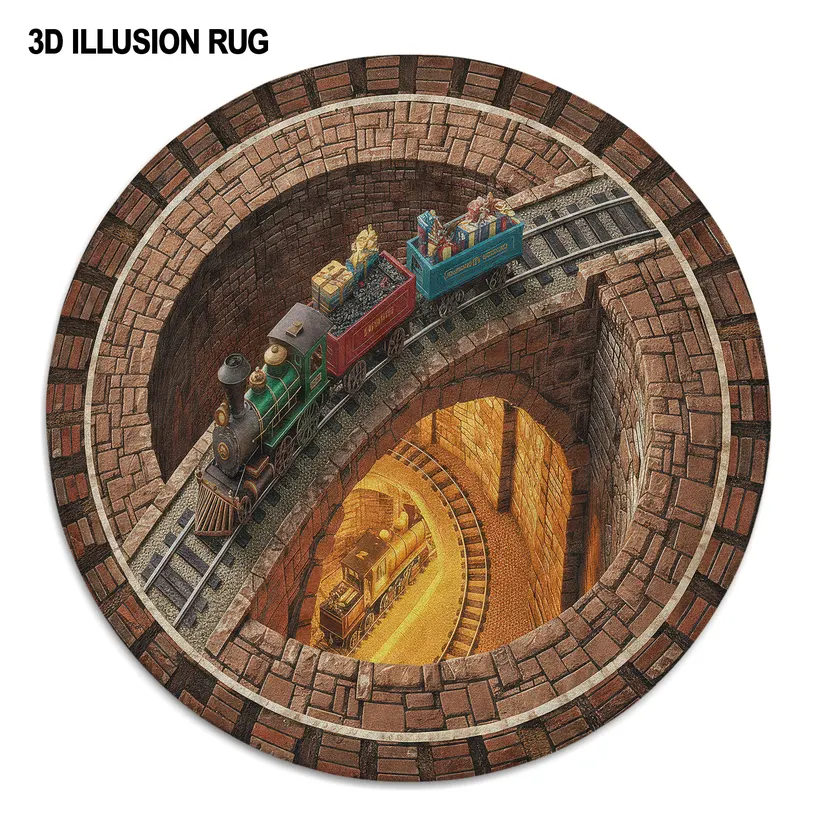 Brown Yellow Illusion Train Rug 3d Optical Decor For Home Spaces 4 Brown Yellow Illusion Train Rug 3d Optical Decor For Home Spaces 4