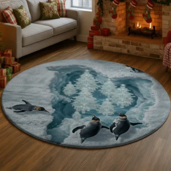 Gray Blue 3d Illusion Penguin Rug Unique Arctic Winter Decor 1