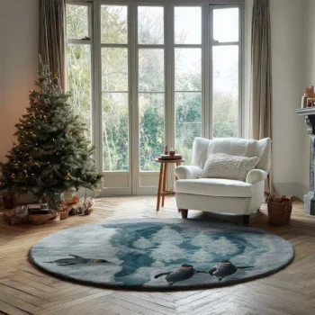 Gray Blue 3d Illusion Penguin Rug Unique Arctic Winter Decor 2