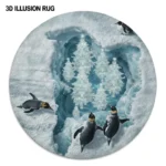 Gray Blue 3d Illusion Penguin Rug Unique Arctic Winter Decor 1