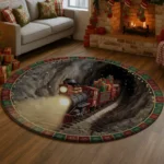 Red Brown 3d Train Illusion Rug Whimsical Holiday Decor 1
