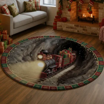 Red Brown 3d Train Illusion Rug Whimsical Holiday Decor 1