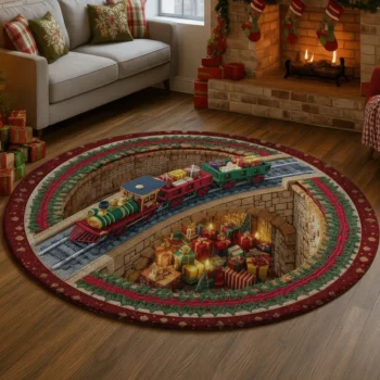 Red Brown 3d Train Illusion Rug With Gifts Decorative Holiday Mat 1
