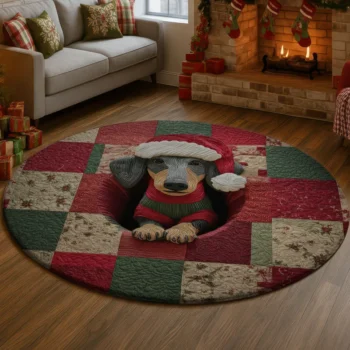 Red Green 3d Illusion Rug Cozy Holiday Dachshund Design 1