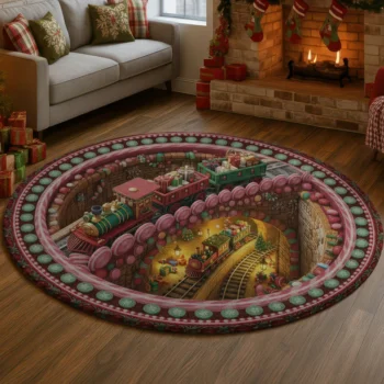 Red Green 3d Illusion Train Rug Perfect For Holiday Decor 1