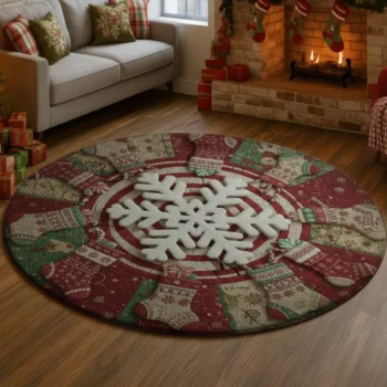 Red Green Festive 3d Illusion Rug With Snowflake Design 1