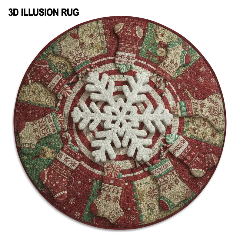 Red Green Festive 3d Illusion Rug With Snowflake Design 4 Red Green Festive 3d Illusion Rug With Snowflake Design 4