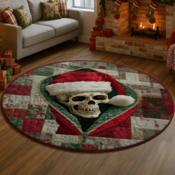 Red Green Festive Skull Illusion Rug Unique Holiday Decor 1