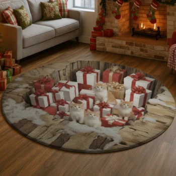 Red White 3d Illusion Rug With Cats Gift Boxes Home Decor 1