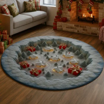 White Red 3d Illusion Rug Magical Winter Village Design Rug 1